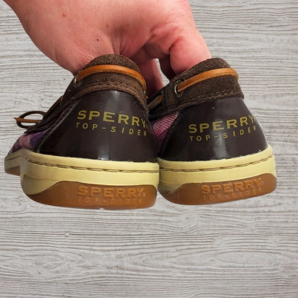 Sperry Top-Sider Womens 8.5M Brown Suede Pink Plaid Boat Shoes Loafers